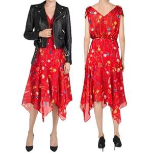 THE KOOPLES Motif Floral Midi Dress Handkerchief Hem Festival Coquette Boho Red